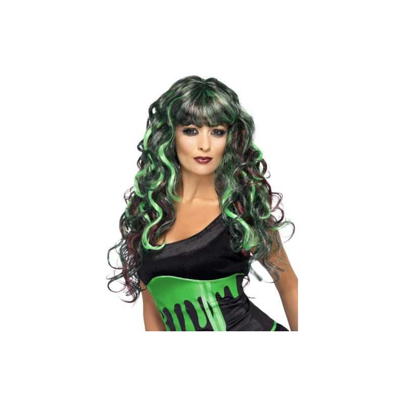 PERRUQUE LONGUE BOUCLEE NOIR VERT ET BORDEAU