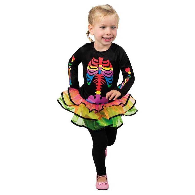 DEGUISEMENT ENFANT ROBE TUTU SQUELETTE NEON MULTICOLORE 3/4 ANS