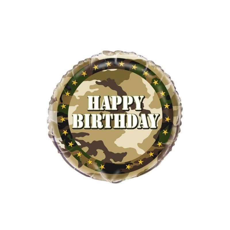 BALLON METALLIQUE ROND MILITAIRE HAPPY BIRTHDAY 46 CM 