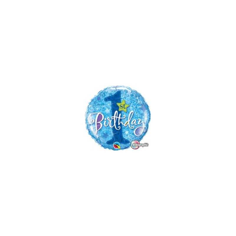 BALLON METALLIQUE ROND 1ST BIRTHDAY BLEU HOLLOGRAPHIC 46 CM