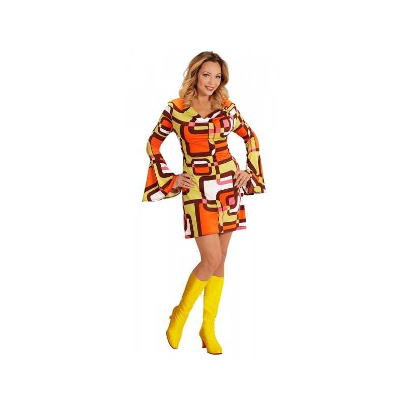DEGUISEMENT ROBE FEMME GROOVY ANNEES 70 MARRON ORANGE VERT TAILLE XL