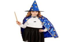 CAPE ET CHAPEAU MAGICIEN BLEU ETOILES OR ENFANT