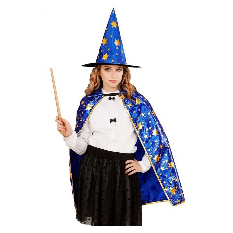 CAPE ET CHAPEAU MAGICIEN BLEU ETOILES OR ENFANT