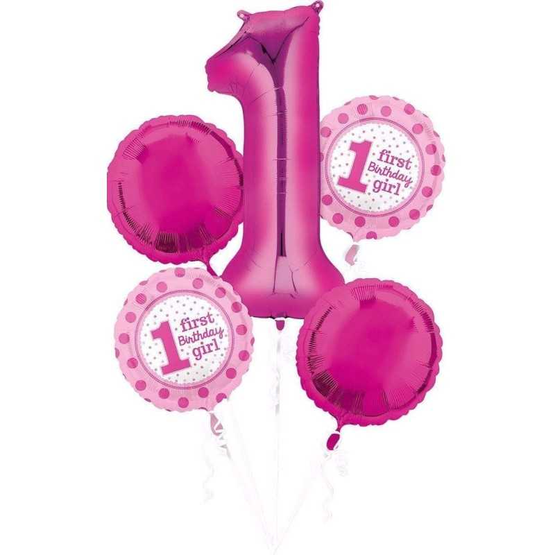 BOUQUET DE 5 BALLONS ROSE PREMIER ANNIVERSAIRE