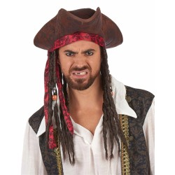CHAPEAU PIRATE MARRON AVEC PERRUQUE DREADS ADULTE