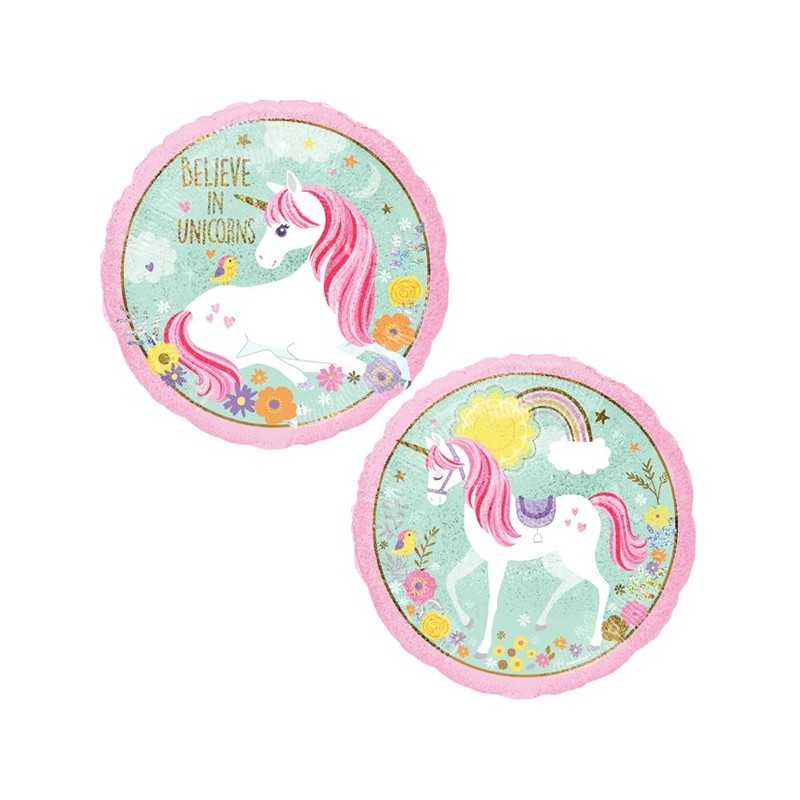 BALLON METALLIQUE ROND HOLOGRAPHIQUE 43 CM LICORNE MAGIQUE PASTEL
