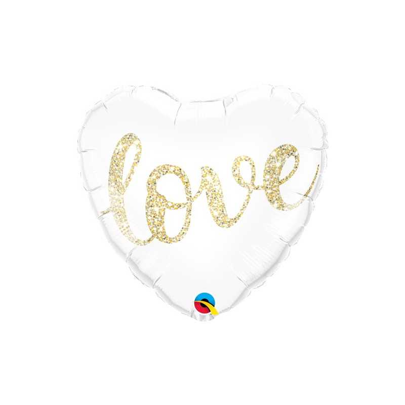 BALLON METALLIQUE COEUR BLANC LOVE EN OR 46 CM
