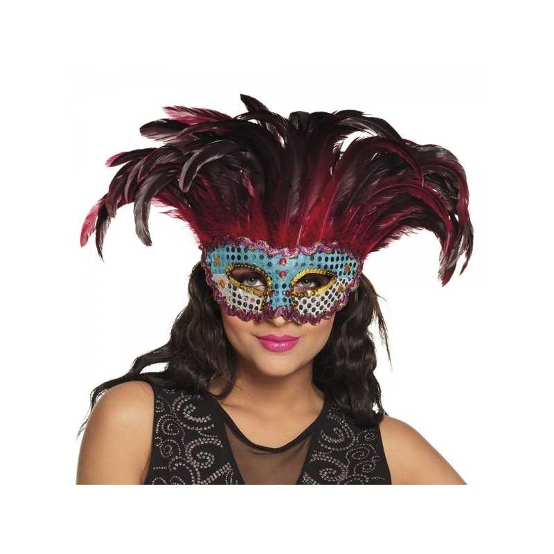 MASQUE LOUP BRILLANT BLEU AVEC PLUMES ROUGE 