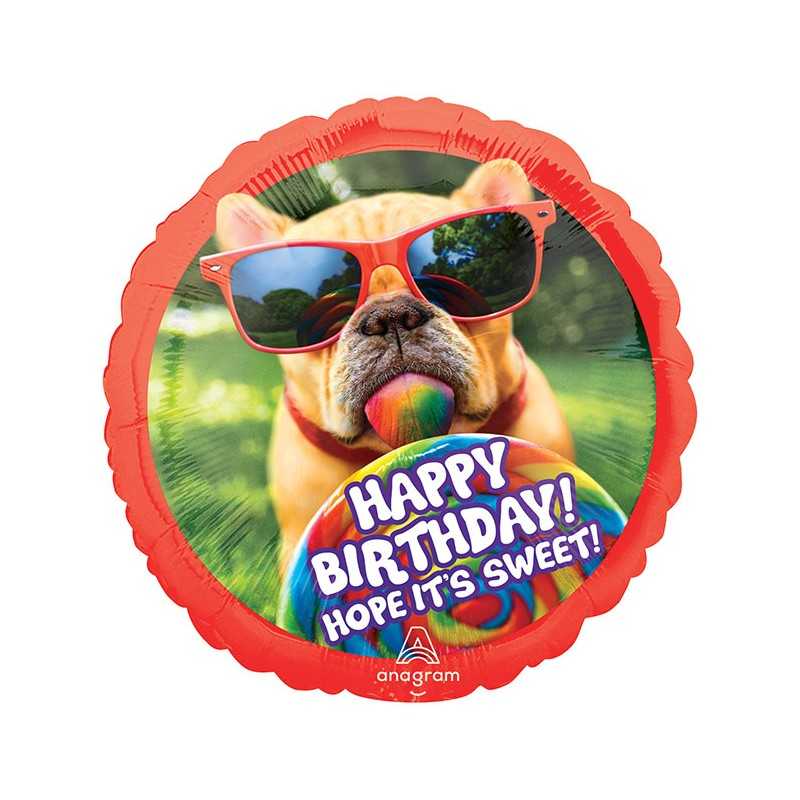 BALLON METALLIQUE ROND CHIEN A LUNETTES HAPPY BIRTHDAY 71 CM