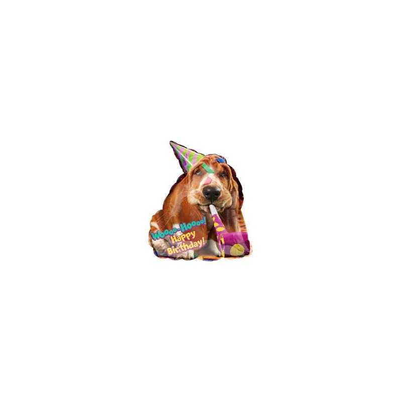 BALLON METALLIQUE CHIEN AVEC CHAPEAU DE FETE HAPPY BIRTHDAY 55 X 63 CM