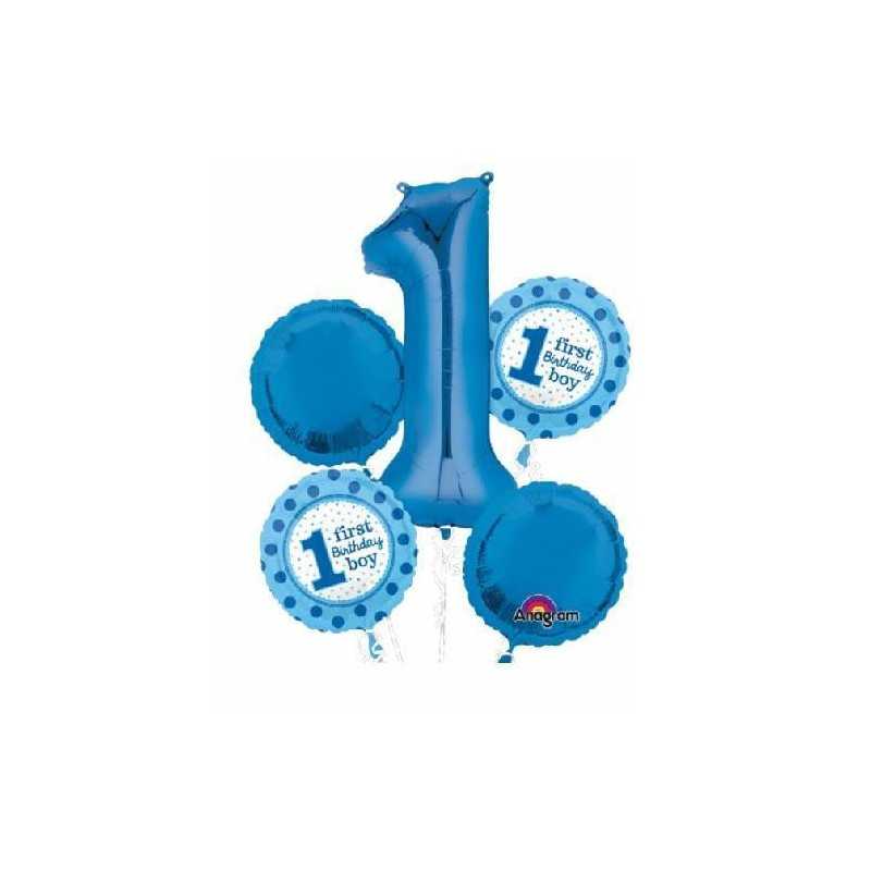 BOUQUET DE 5 BALLONS BLEU PREMIER ANNIVERSAIRE