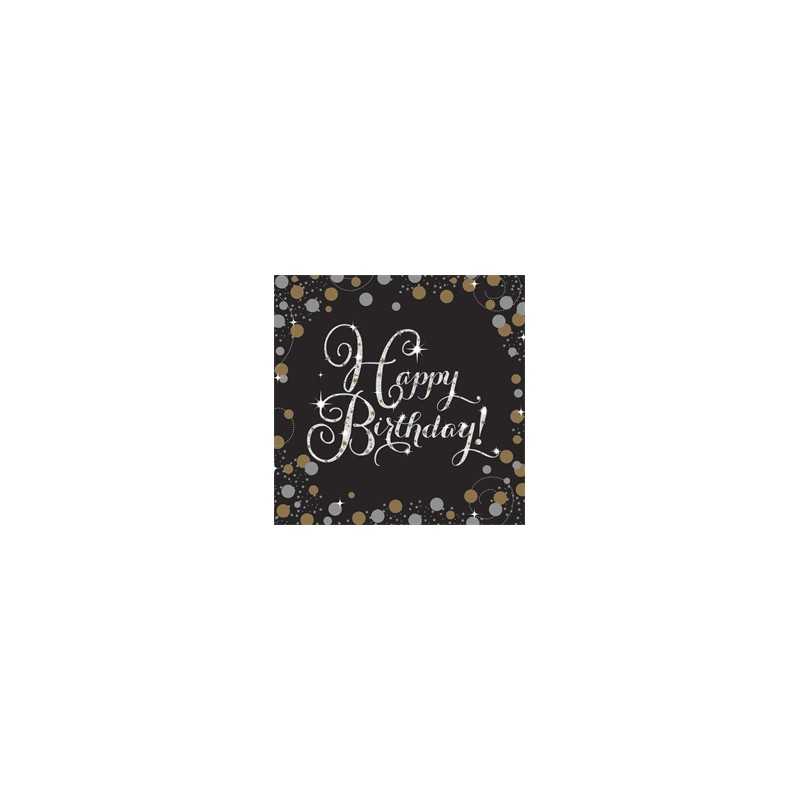 16 SERVIETTES HAPPY BIRTHDAY 33 X 33 CM NOIR ARGENT ET OR