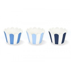6 DECORATIONS PAPIER POUR CUPCAKE BLEU RAYE BLANC