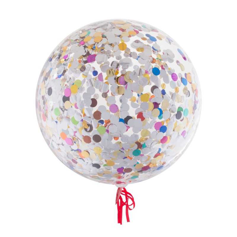BALLON AQUA TRANSPARENT CONFETTIS BRILLANTS MULTICOLORES 18"