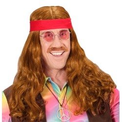 PERRUQUE HIPPIE CHATAIN AVEC BANDEAU ROUGE