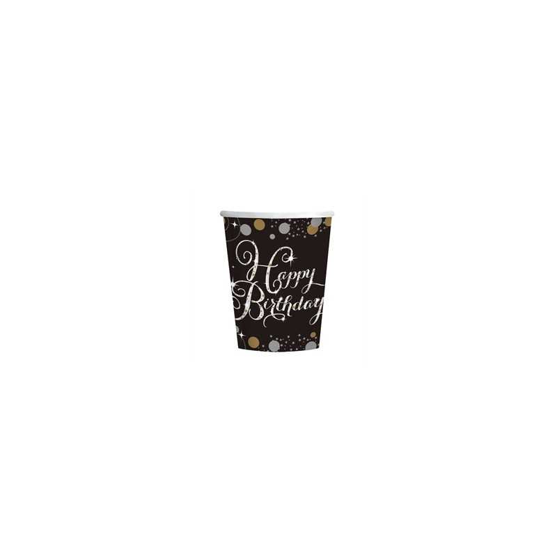 8 GOBELETS HAPPY BIRTHDAY NOIR OR ARGENT 266 ML