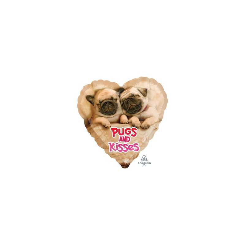 BALLON METALLIQUE CHIENS DANS COEUR PUGS AND KISSES 43 CM