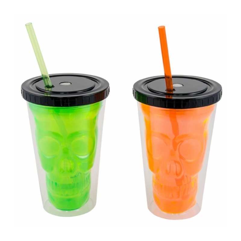GOBELET LUMINEUX AVEC PAILLE 450 ML ASSORTIMENT HALLOWEEN