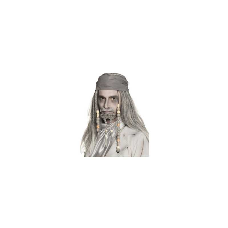 PERRUQUE PIRATE GRISE AVEC BANDANA GRIS ET PERLE 