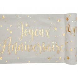 CHEMIN DE TABLE JOYEUX ANNIVERSAIRE BLANC ET OR 3 METRES