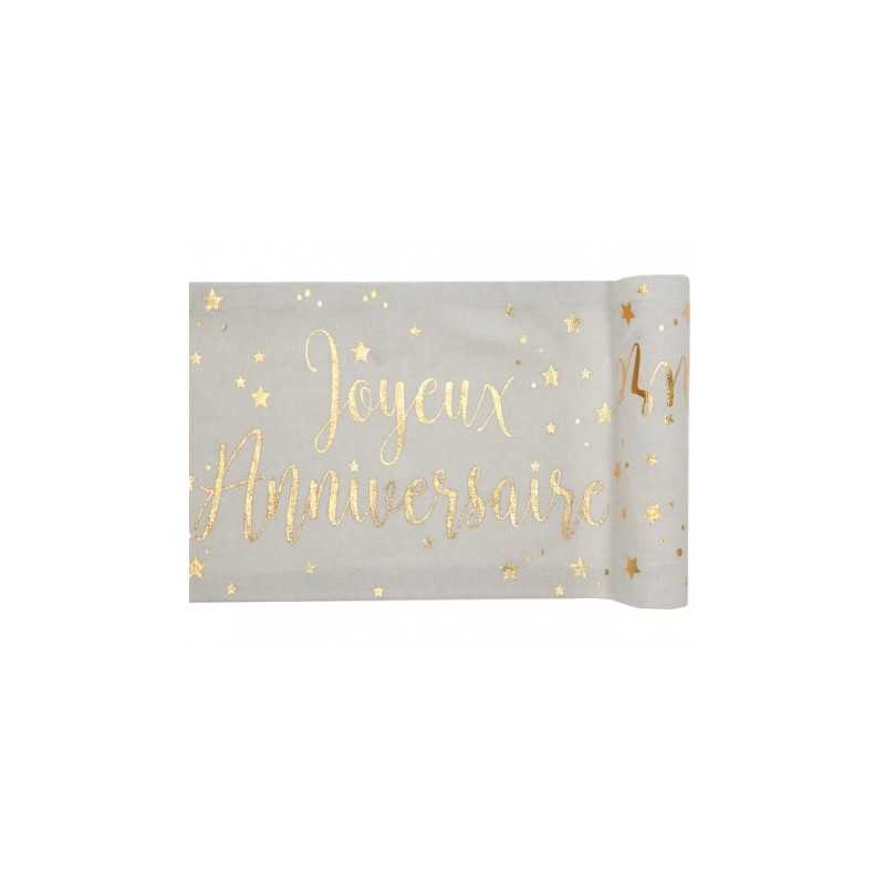 CHEMIN DE TABLE JOYEUX ANNIVERSAIRE BLANC ET OR 3 METRES