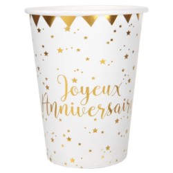 10 GOBELETS BLANC JOYEUX ANNIVERSAIRE OR