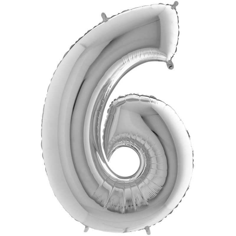 BALLON METALLIQUE CHIFFRE 6 ARGENT 66 CM