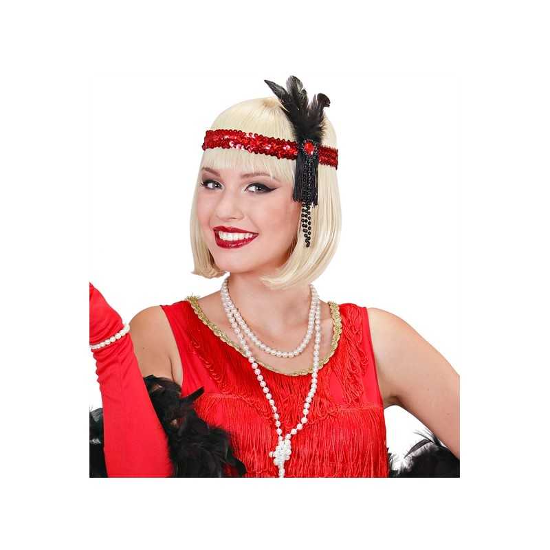 BANDEAU A PAILLETTE ROUGE AVEC PLUME ET STRASS