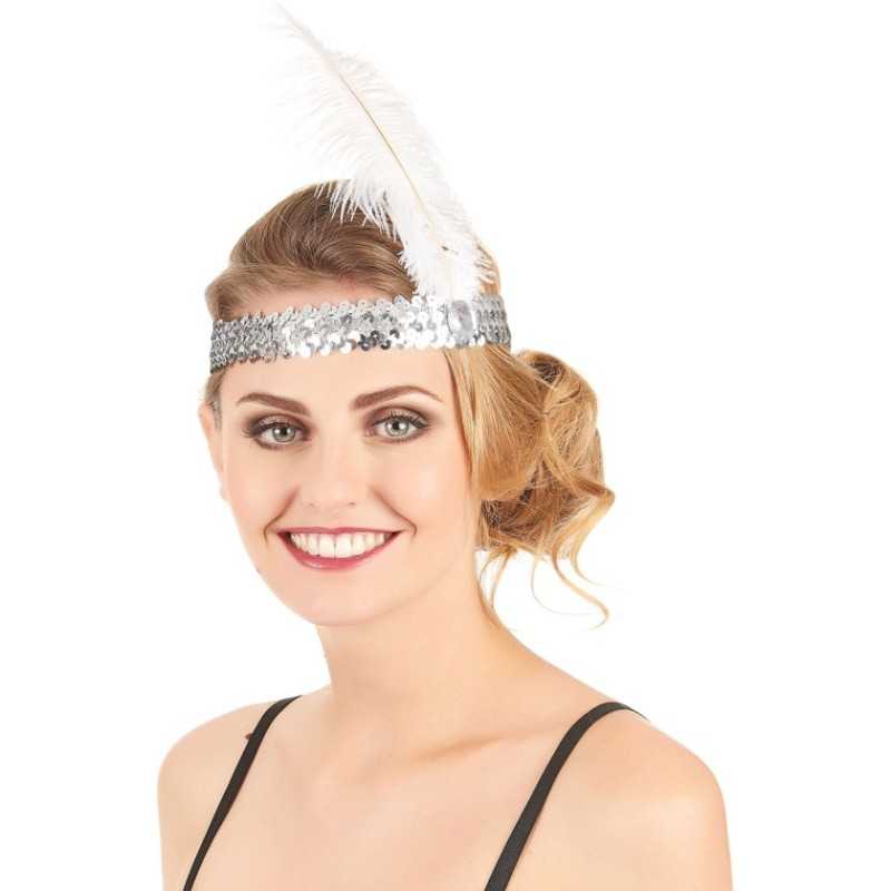 BANDEAU CHARLESTON A SEQUINS ET PLUMES ARGENTE FEMME