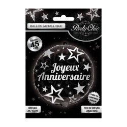 BALLON METALLIQUE JOYEUX ANNIVERSAIRE NOIR ET ARGENT