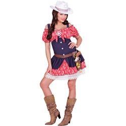 DEGUISEMENT COWGIRL ROBE COURTE BLEU ET ROUGE IMPRIME TAILLE S