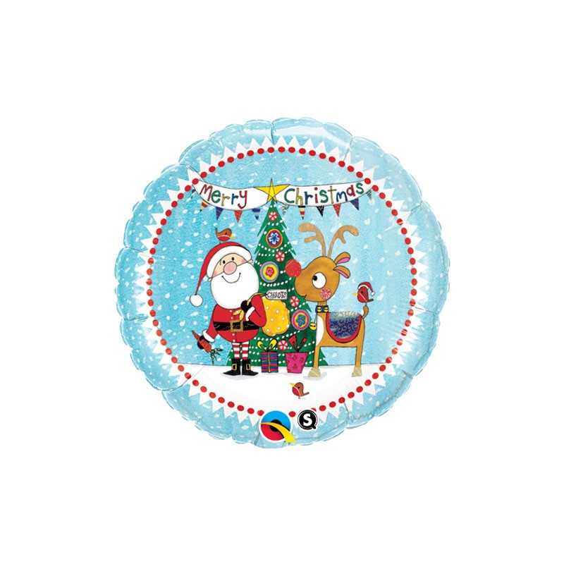 BALLON METALLIQUE ROND 46 CM PERE NOEL BLEU MERRY CHRISTMAS