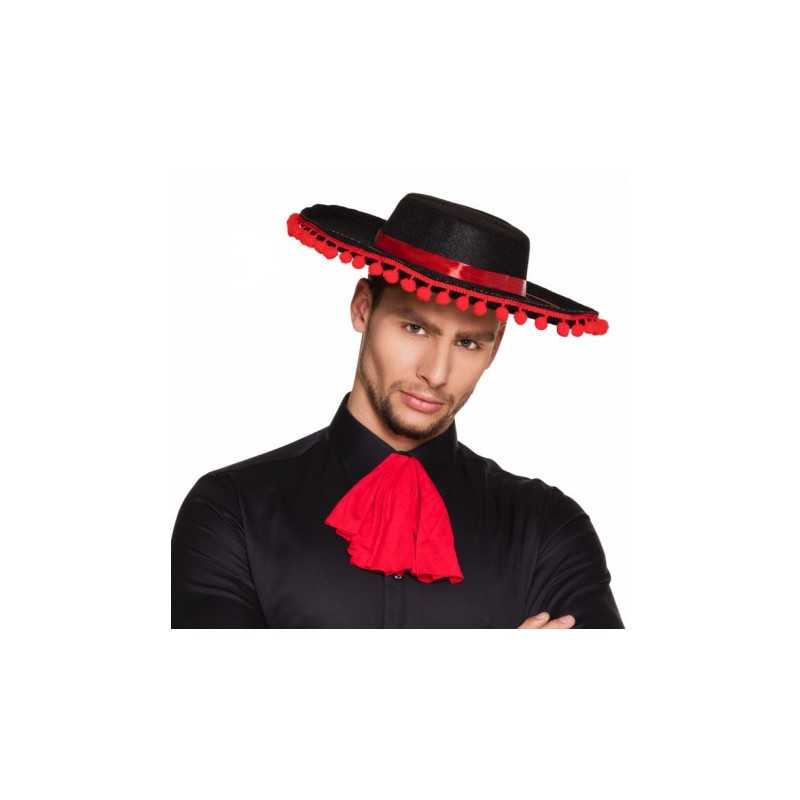 CHAPEAU ESPAGNOL NOIR AVEC POMPOM ROUGE 