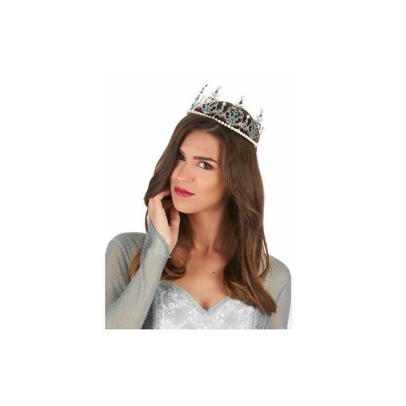 DIADEME DE PRINCESSE METALLIQUE ARGENTE AVEC PERLE ADULTE LUXE
