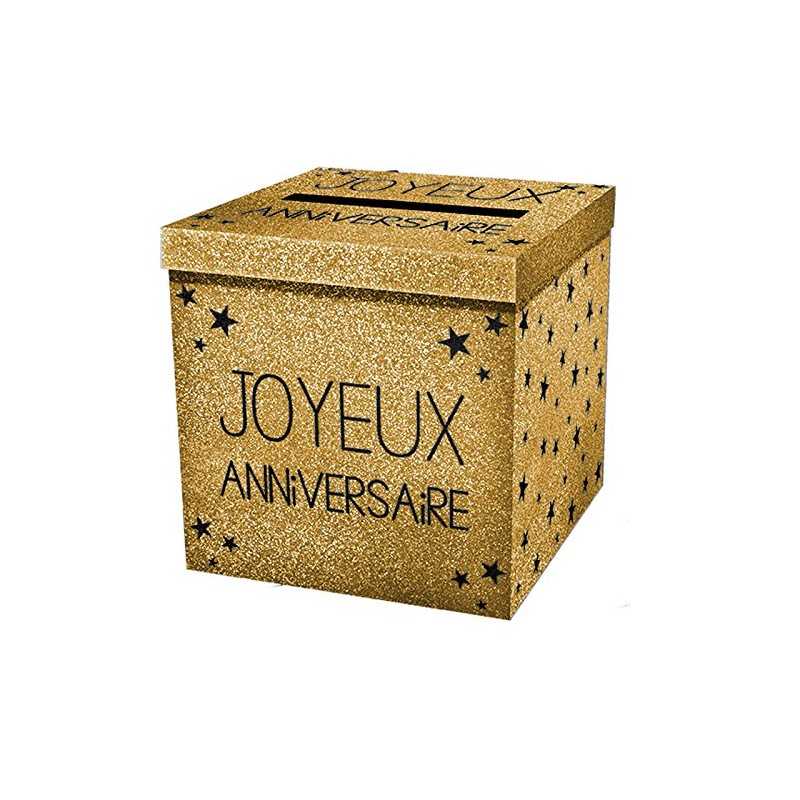 URNE OR PAILLETTE JOYEUX ANNIVERSAIRE 20 X 20 X 20 CM
