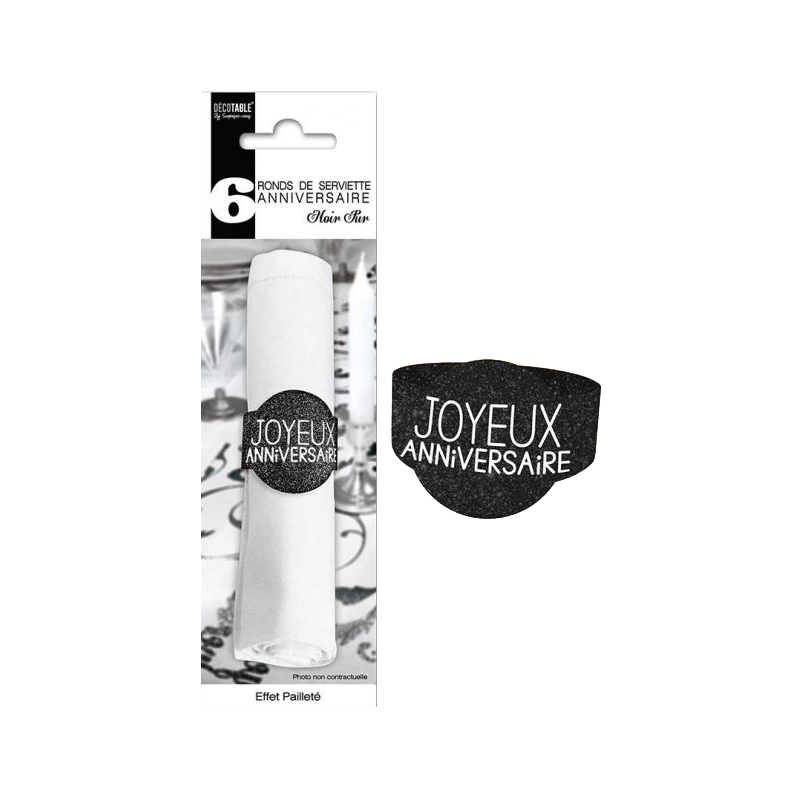 6X RONDS DE SERVIETTE NOIR JOYEUX ANNIVERSAIRE