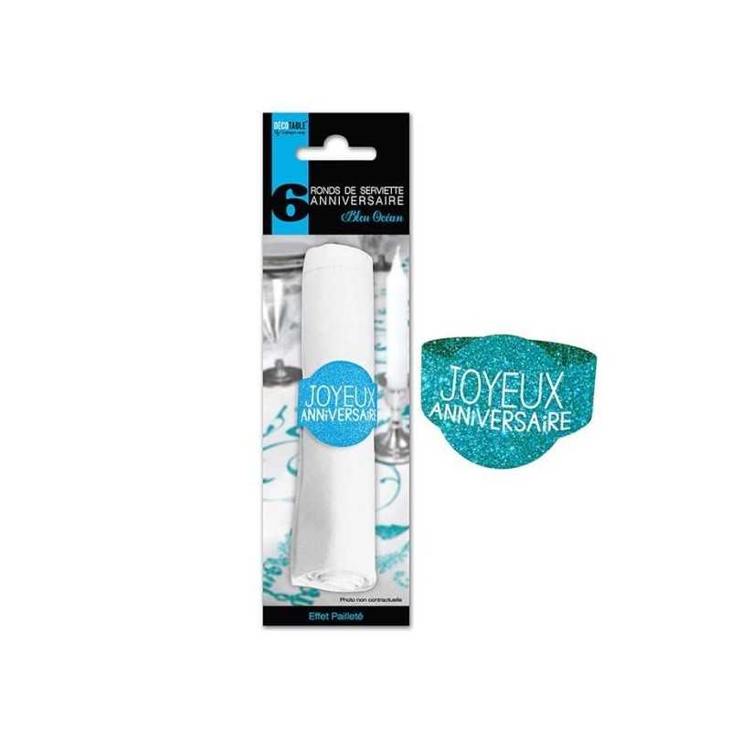 6X RONDS DE SERVIETTE BLEU TURQUOISE JOYEUX ANNIVERSAIRE 