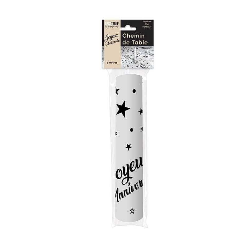CHEMIN DE TABLE ORGANZA JOYEUX ANNIVERSAIRE 5 METRES NOIR