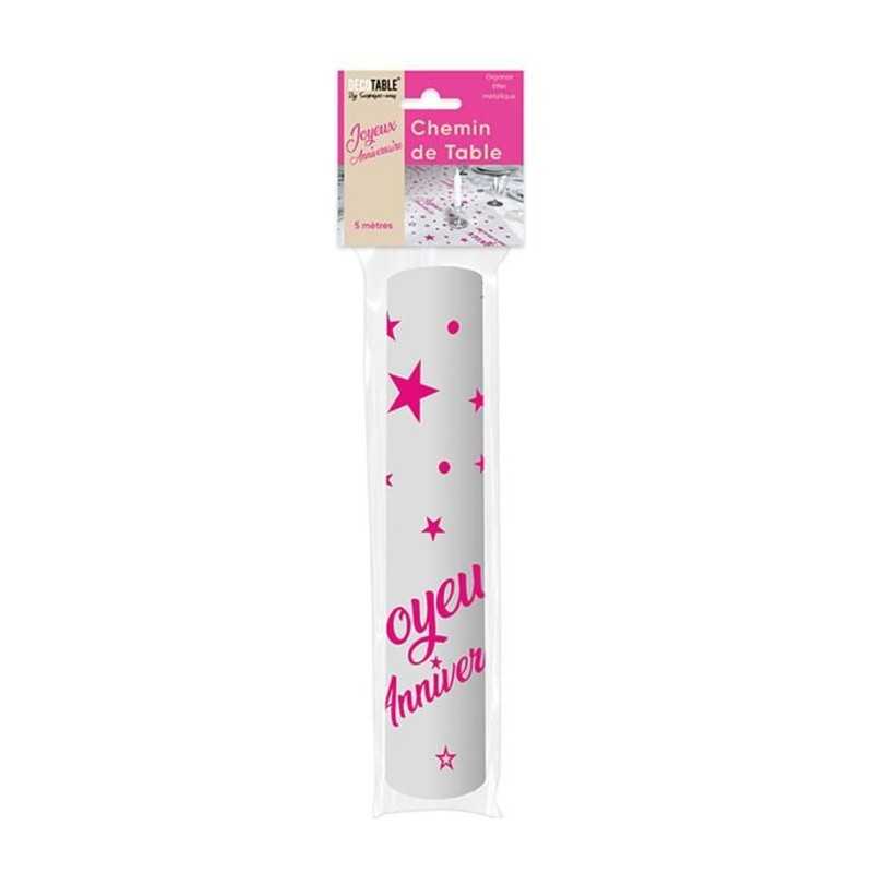 CHEMIN DE TABLE ORGANZA JOYEUX ANNIVERSAIRE 5 METRES FUSCHIA