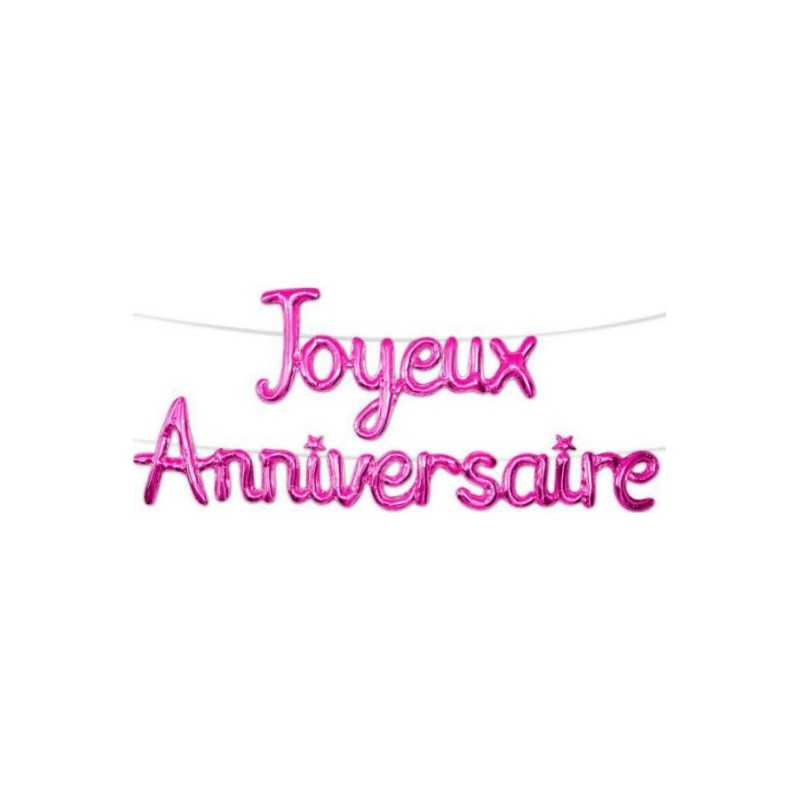 BALLON METALLIQUE JOYEUX ANNIVERSAIRE FUSCHIA 4.50M X 39 CM