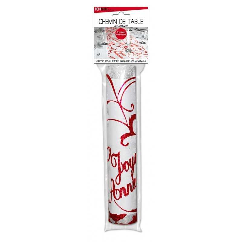 CHEMIN DE TABLE ORGANZA JOYEUX ANNIVERSAIRE 5 METRES ROUGE