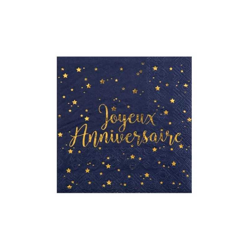 SERVIETTE BLEU NUIT JOYEUX ANNIVERSAIRE OR 25 X 25 CM