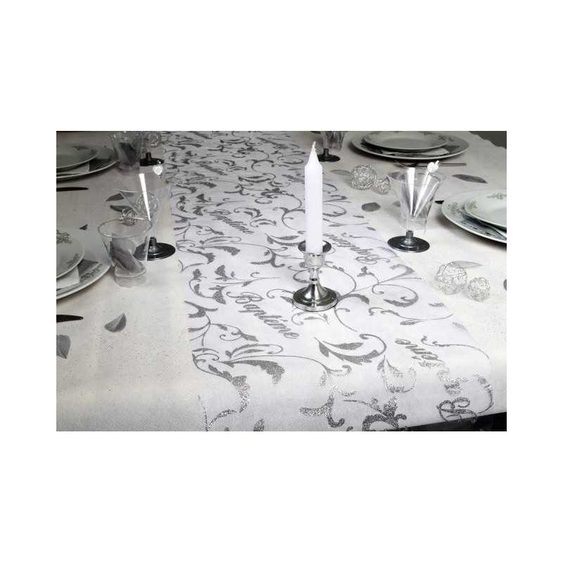 CHEMIN DE TABLE ORGANZA BAPTEME 5 METRES ARGENT