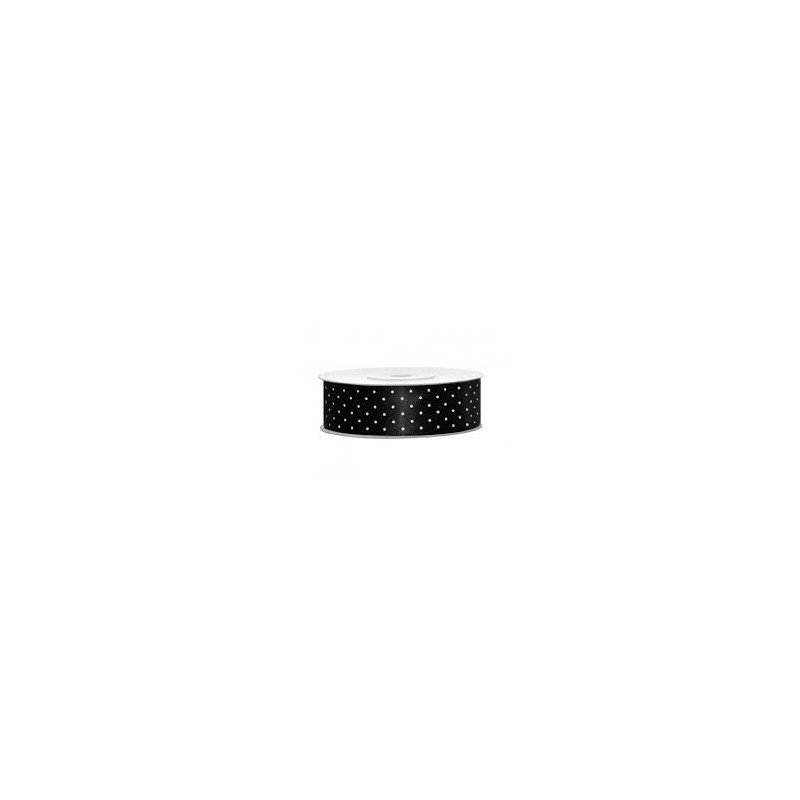 RUBAN SATIN NOIR POIS BLANC 25 M X 25 MM