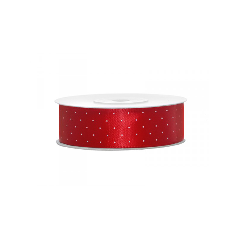RUBAN SATIN ROUGE POIS BLANC 25 M X 25 MM