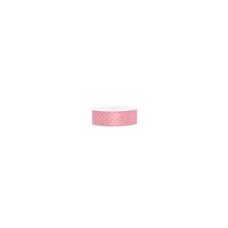 RUBAN SATIN ROSE POIS BLANC 25 M X 25 MM