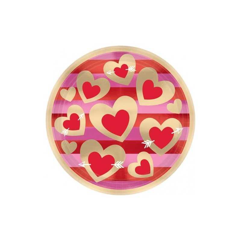 8 ASSIETTES RONDES AVEC COEURS ROUGE FUSCHIA ET OR