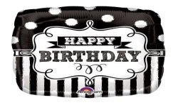 BALLON METALLIQUE CARRE NOIR ET BLANC ANNIVERSAIRE HAPPY BIRTHDAY 43 CM