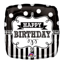 BALLON METALLIQUE CARRE NOIR ET BLANC ANNIVERSAIRE HAPPY BIRTHDAY 43 CM