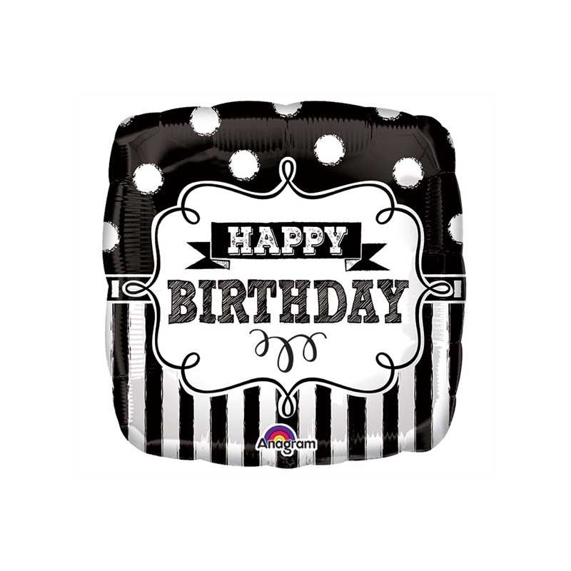 BALLON METALLIQUE CARRE NOIR ET BLANC ANNIVERSAIRE HAPPY BIRTHDAY 43 CM 